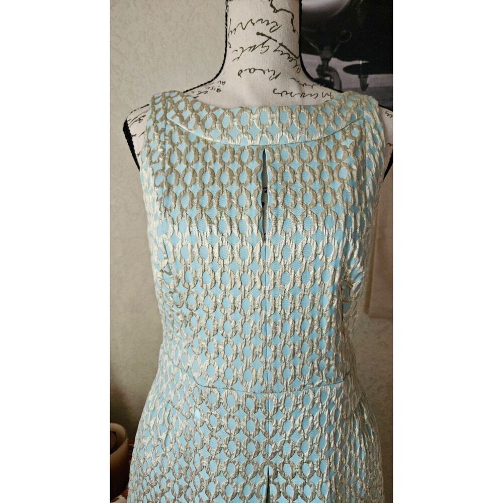 Lauren Ralph Lauren semi-formal dress Aqua Gold Metallic Brocade geometric 8